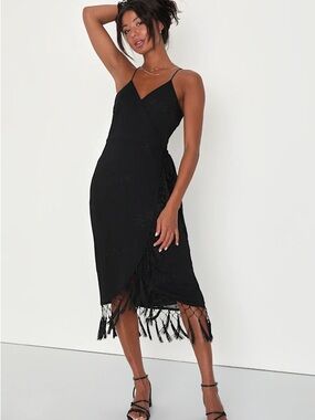 Lulu's Black Fringe-Trim Wrap Midi Dress